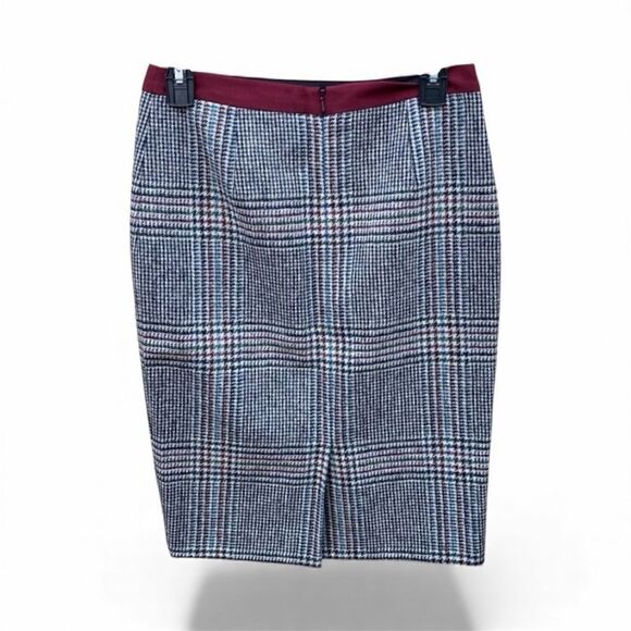 BODEN British Tweed Wool Black/Maroon/White/Blue Plaid Pencil Skirt 4 Classic - Picture 3 of 6